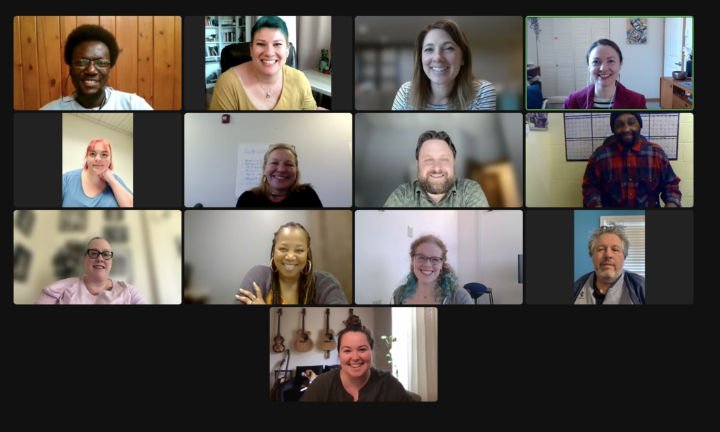 A screenshot of a Zoom call with 13 individuals.